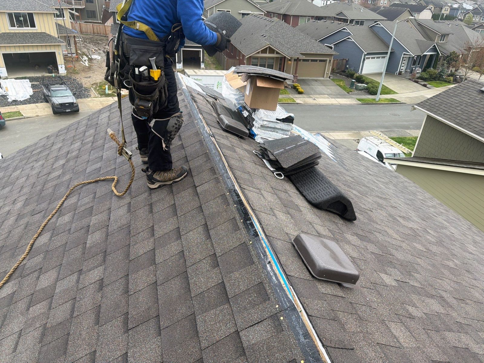 Newly installed metal RVO off-ridge ventilation on a Snohomish, WA roof replacement by Denali Roofing